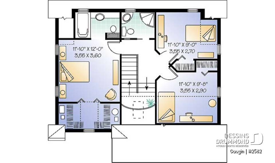 Étage - Plan de cottage champêtre, salle à manger formelle, suite des maîtres, 3 ch. 2.5 s. de bain, salon séparé - Gaugin
