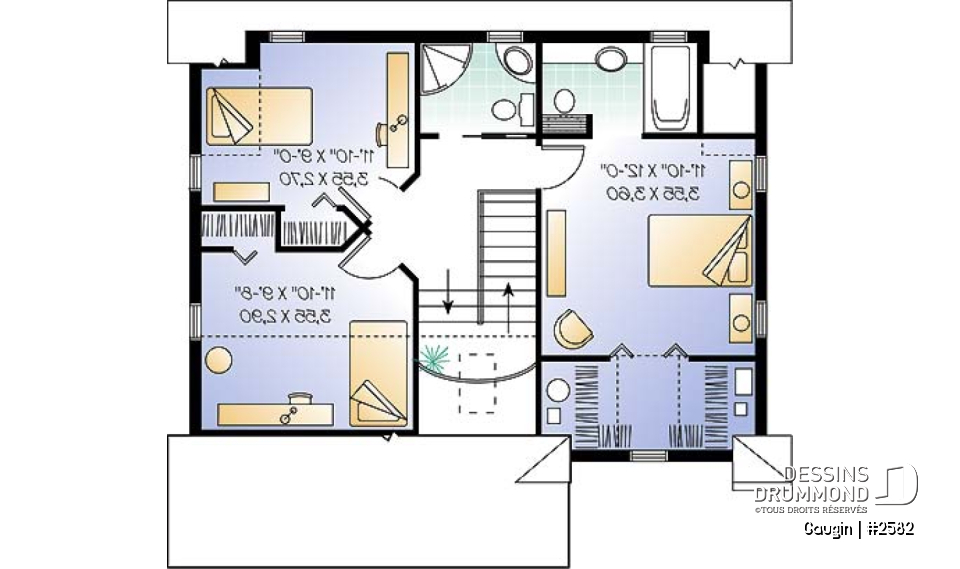 Étage - Plan de cottage champêtre, salle à manger formelle, suite des maîtres, 3 ch. 2.5 s. de bain, salon séparé - Gaugin