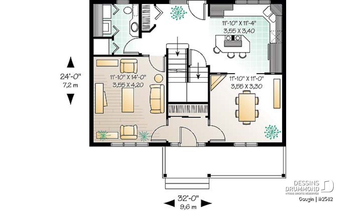 Rez-de-chaussée - Plan de cottage champêtre, salle à manger formelle, suite des maîtres, 3 ch. 2.5 s. de bain, salon séparé - Gaugin