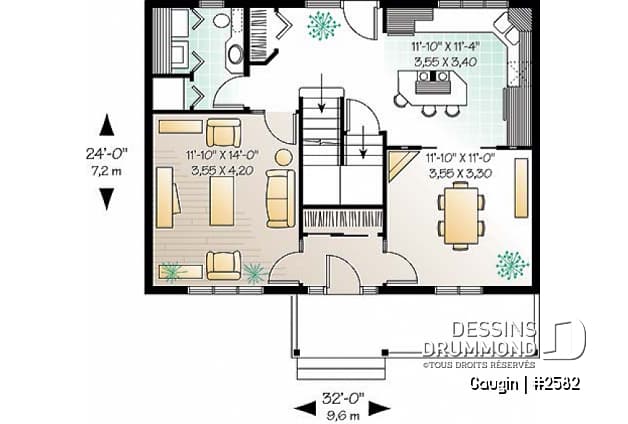 Rez-de-chaussée - Plan de cottage champêtre, salle à manger formelle, suite des maîtres, 3 ch. 2.5 s. de bain, salon séparé - Gaugin
