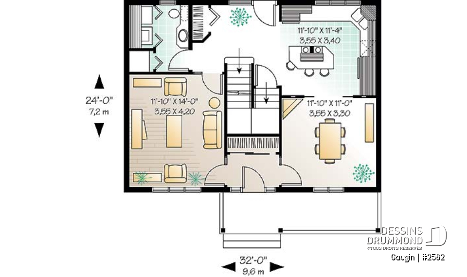 Rez-de-chaussée - Plan de cottage champêtre, salle à manger formelle, suite des maîtres, 3 ch. 2.5 s. de bain, salon séparé - Gaugin