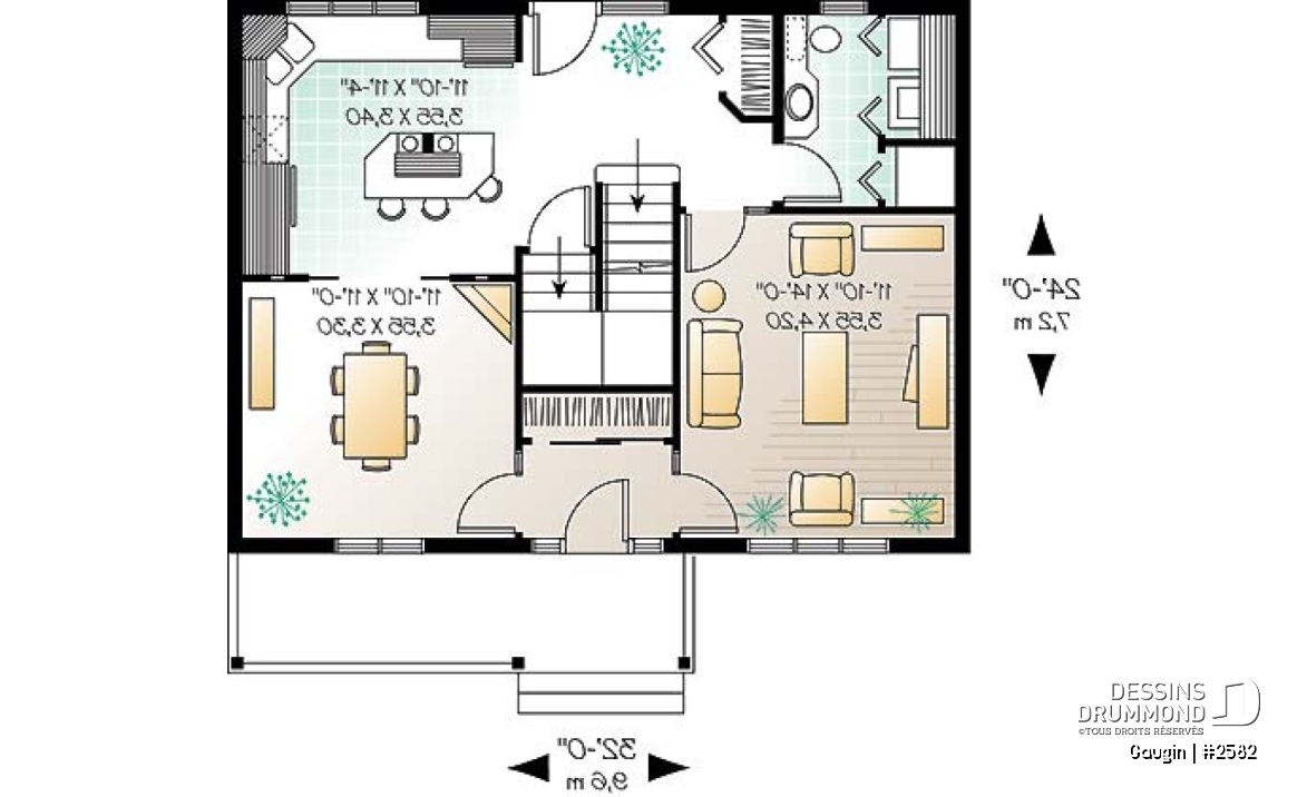 Rez-de-chaussée - Plan de cottage champêtre, salle à manger formelle, suite des maîtres, 3 ch. 2.5 s. de bain, salon séparé - Gaugin