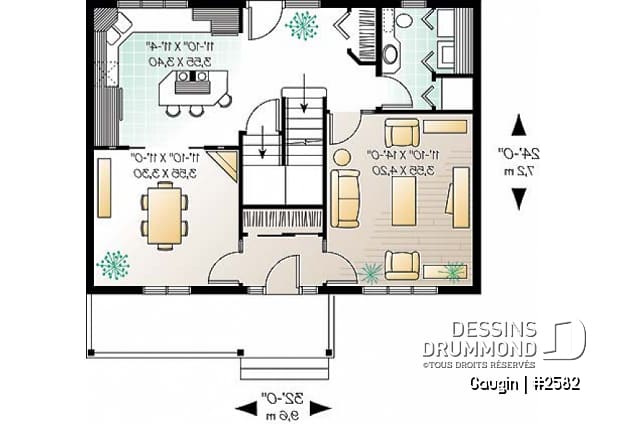 Rez-de-chaussée - Plan de cottage champêtre, salle à manger formelle, suite des maîtres, 3 ch. 2.5 s. de bain, salon séparé - Gaugin