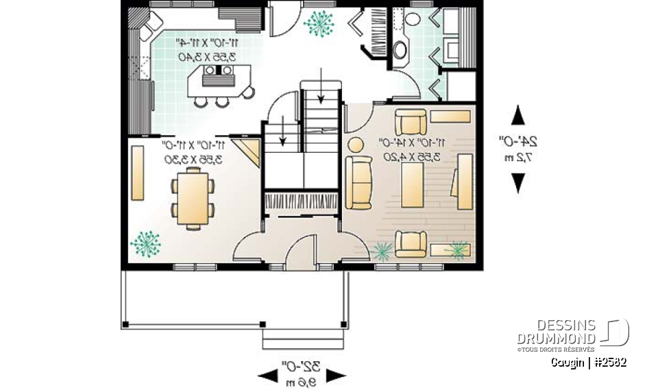 Rez-de-chaussée - Plan de cottage champêtre, salle à manger formelle, suite des maîtres, 3 ch. 2.5 s. de bain, salon séparé - Gaugin
