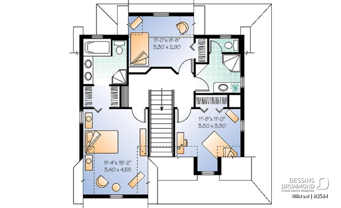 Étage - Plan de maison 3 chambres, style champêtre canadien, îlot, buanderie au r-d-c, grande chambre parents - Hillcrest