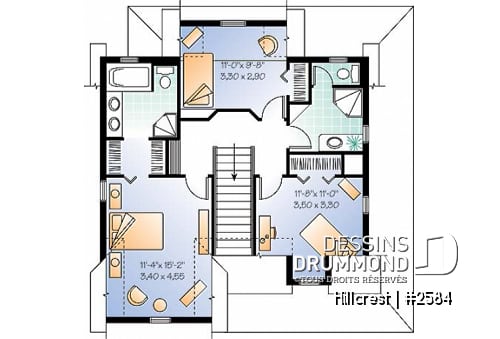 Étage - Plan de maison 3 chambres, style champêtre canadien, îlot, buanderie au r-d-c, grande chambre parents - Hillcrest