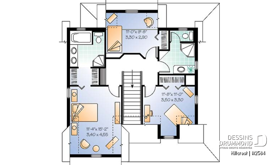 Étage - Plan de maison 3 chambres, style champêtre canadien, îlot, buanderie au r-d-c, grande chambre parents - Hillcrest