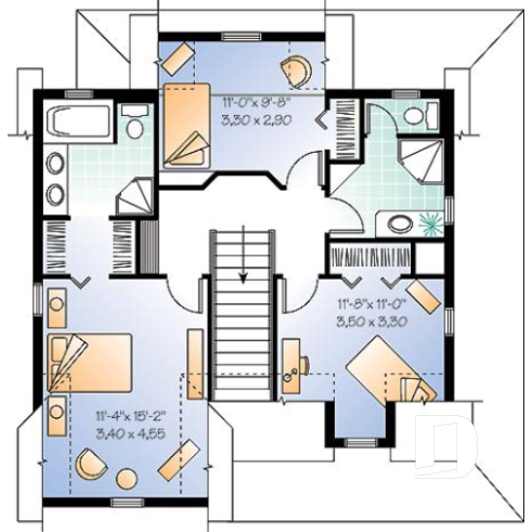 Étage - Plan de maison 3 chambres, style champêtre canadien, îlot, buanderie au r-d-c, grande chambre parents - Hillcrest