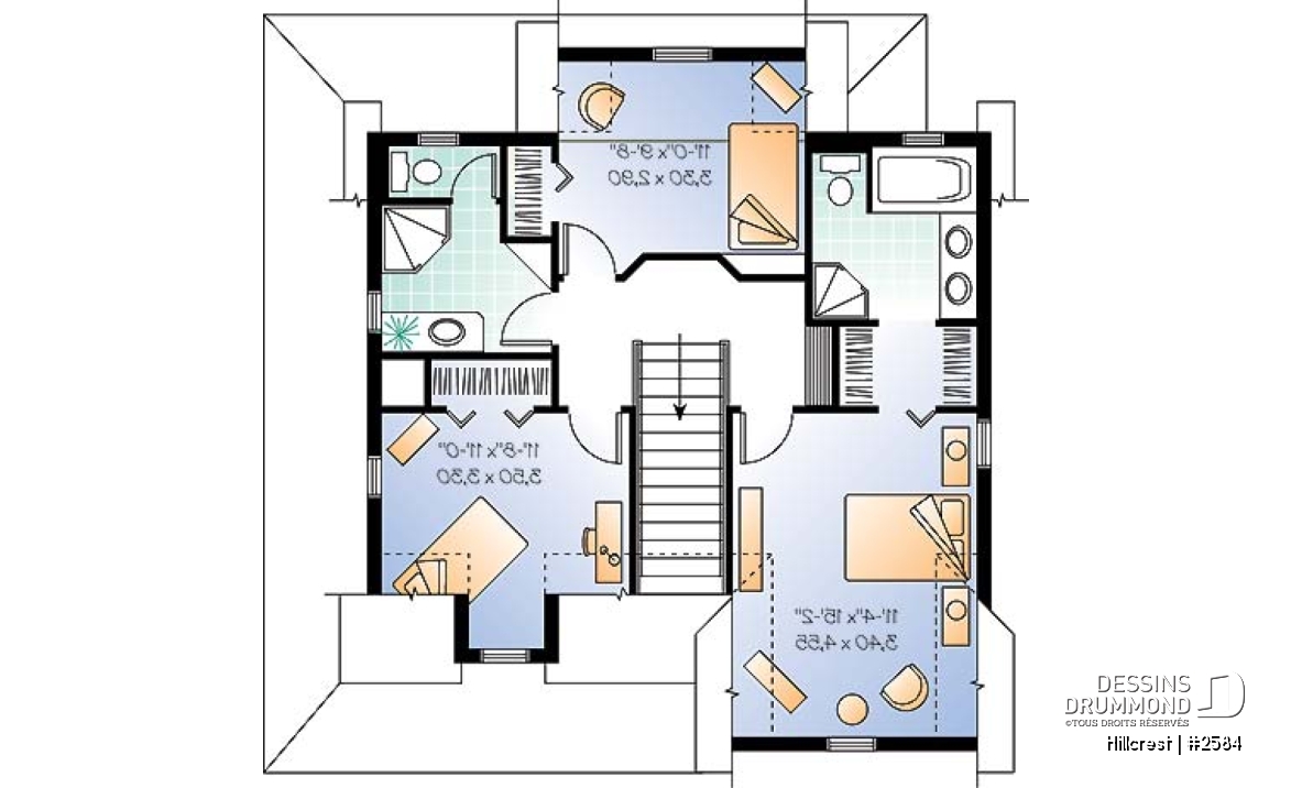 Étage - Plan de maison 3 chambres, style champêtre canadien, îlot, buanderie au r-d-c, grande chambre parents - Hillcrest
