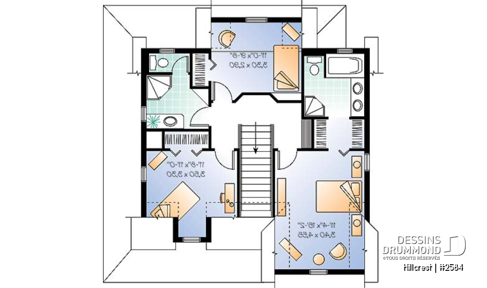 Étage - Plan de maison 3 chambres, style champêtre canadien, îlot, buanderie au r-d-c, grande chambre parents - Hillcrest