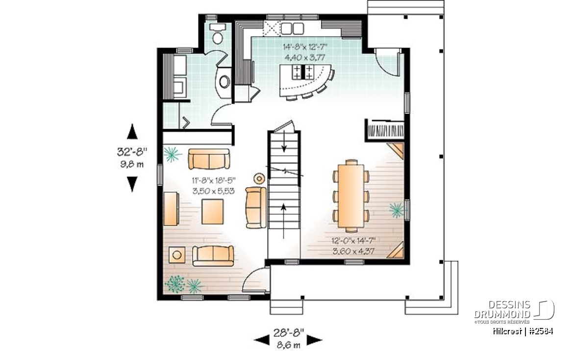 Rez-de-chaussée - Plan de maison 3 chambres, style champêtre canadien, îlot, buanderie au r-d-c, grande chambre parents - Hillcrest