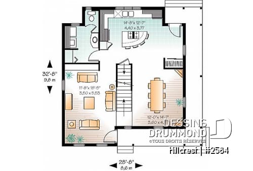 Rez-de-chaussée - Plan de maison 3 chambres, style champêtre canadien, îlot, buanderie au r-d-c, grande chambre parents - Hillcrest