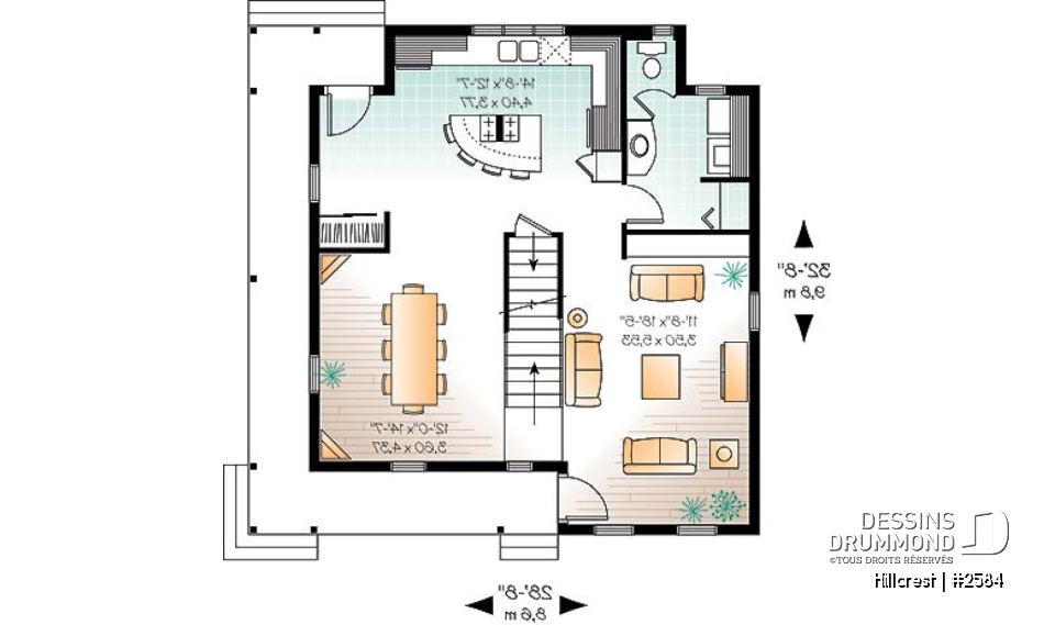 Rez-de-chaussée - Plan de maison 3 chambres, style champêtre canadien, îlot, buanderie au r-d-c, grande chambre parents - Hillcrest