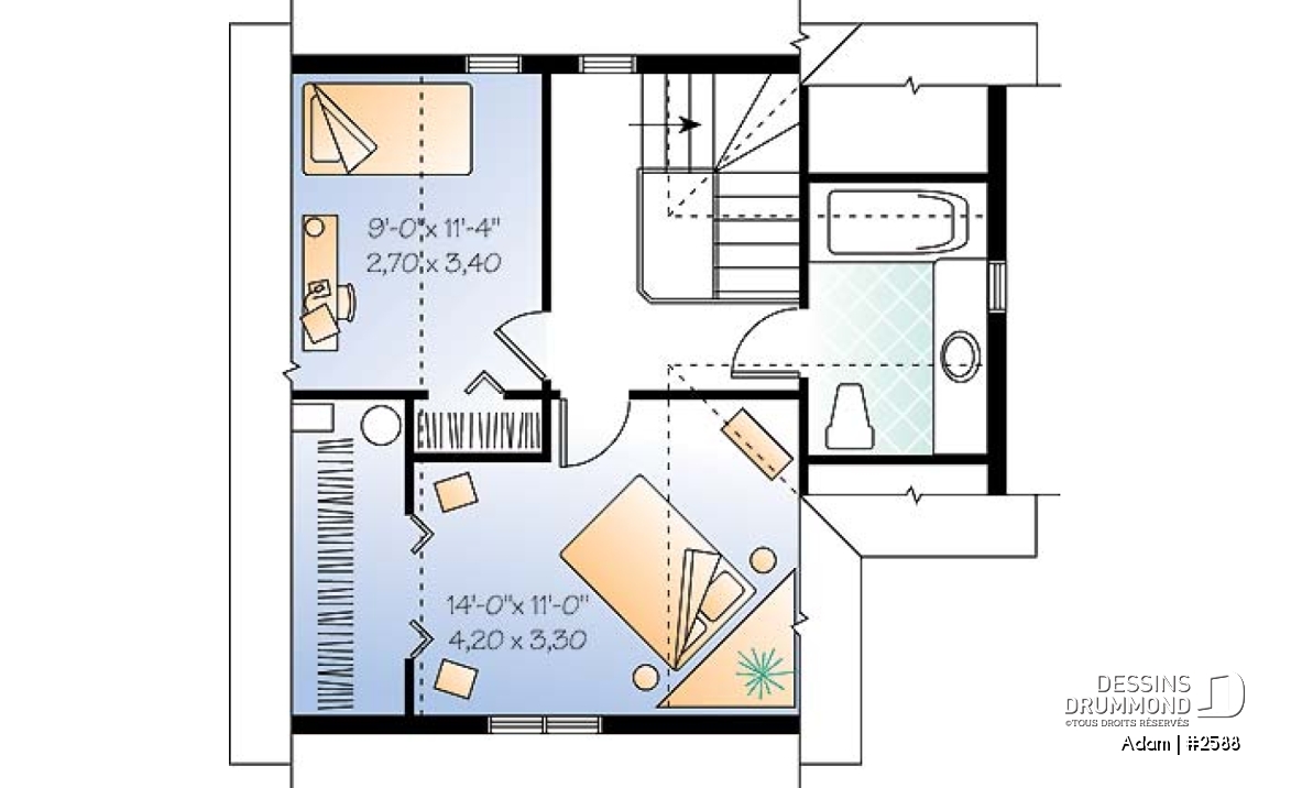 Étage - Plan de petite maison économique 2 étages, 2 chambres, coin ordinateur, espace ouvert, dalle de béton - Adam