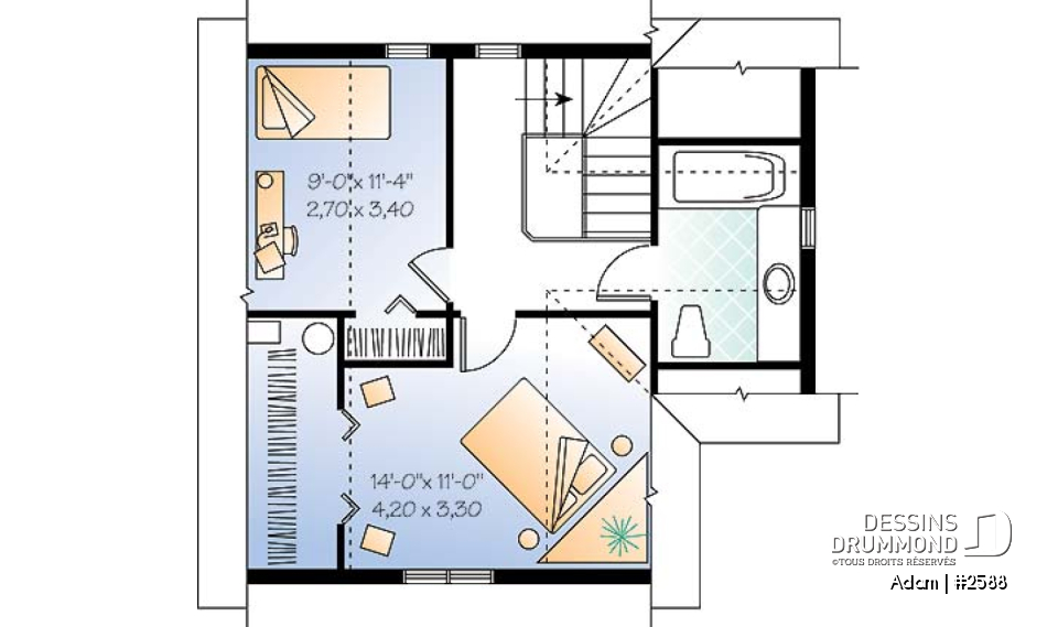 Étage - Plan de petite maison économique 2 étages, 2 chambres, coin ordinateur, espace ouvert, dalle de béton - Adam