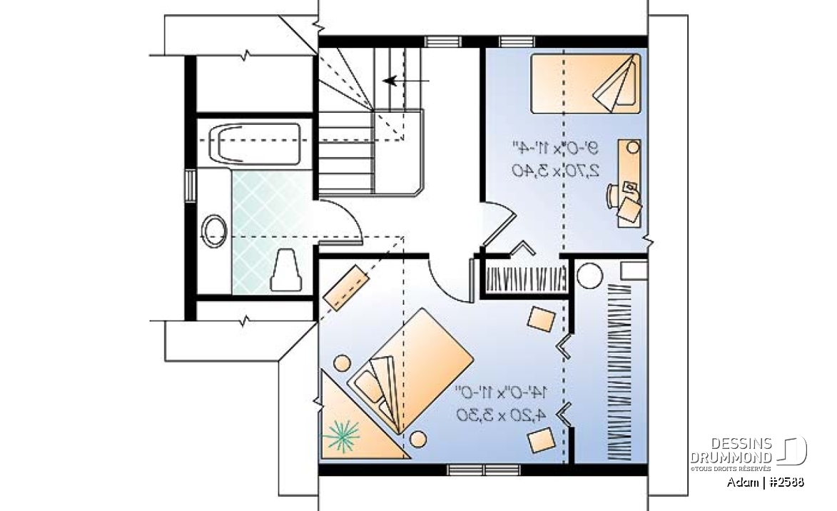 Étage - Plan de petite maison économique 2 étages, 2 chambres, coin ordinateur, espace ouvert, dalle de béton - Adam