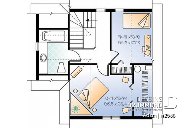 Étage - Plan de style fermette 2 étages, 2 chambres, coin ordinateur, espace ouvert, buanderie r-d-c, îlot - Adam