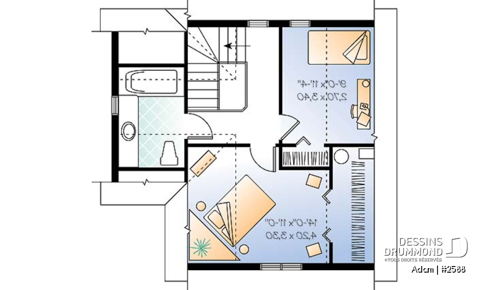 Étage - Plan de petite maison économique 2 étages, 2 chambres, coin ordinateur, espace ouvert, dalle de béton - Adam