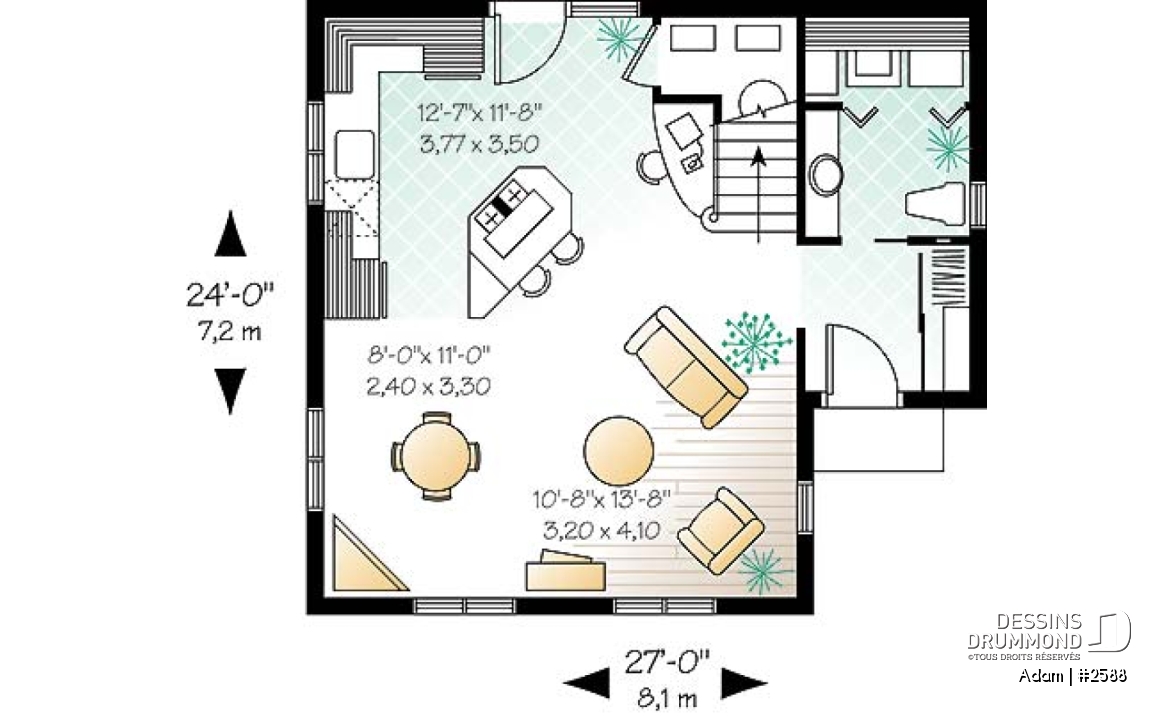 Rez-de-chaussée - Plan de petite maison économique 2 étages, 2 chambres, coin ordinateur, espace ouvert, dalle de béton - Adam