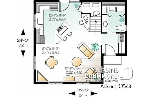 Rez-de-chaussée - Plan de style fermette 2 étages, 2 chambres, coin ordinateur, espace ouvert, buanderie r-d-c, îlot - Adam