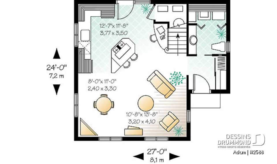 Rez-de-chaussée - Plan de petite maison économique 2 étages, 2 chambres, coin ordinateur, espace ouvert, dalle de béton - Adam