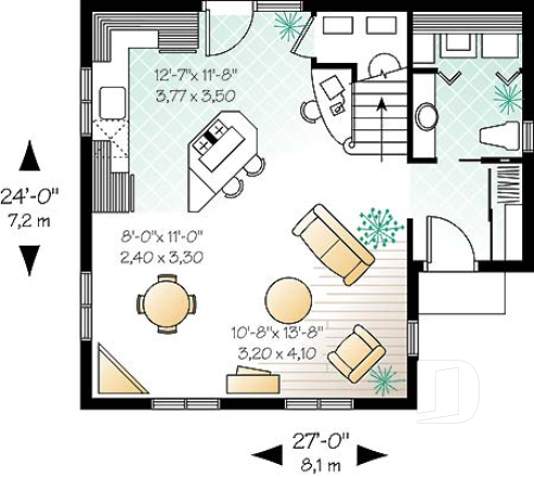 Rez-de-chaussée - Plan de petite maison économique 2 étages, 2 chambres, coin ordinateur, espace ouvert, dalle de béton - Adam