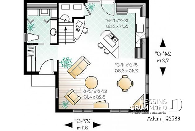 Rez-de-chaussée - Plan de style fermette 2 étages, 2 chambres, coin ordinateur, espace ouvert, buanderie r-d-c, îlot - Adam