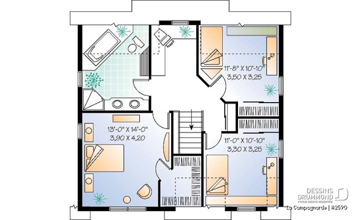 Étage - Plan de style farmhouse champêtre, 3 à 4 chambres ou bureau, galerie couverte, îlot à la cuisine - La Campagnarde