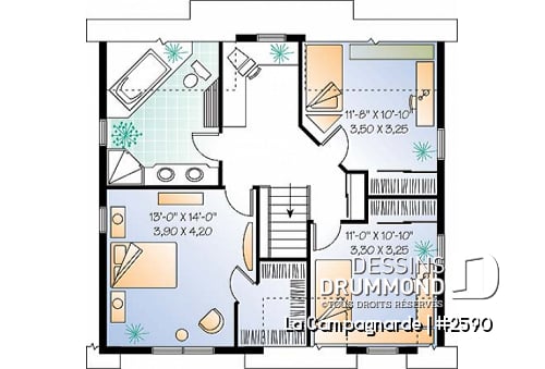 Étage - Plan de style farmhouse champêtre, 3 à 4 chambres ou bureau, galerie couverte, îlot à la cuisine - La Campagnarde