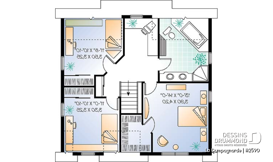 Étage - Plan de style farmhouse champêtre, 3 à 4 chambres ou bureau, galerie couverte, îlot à la cuisine - La Campagnarde
