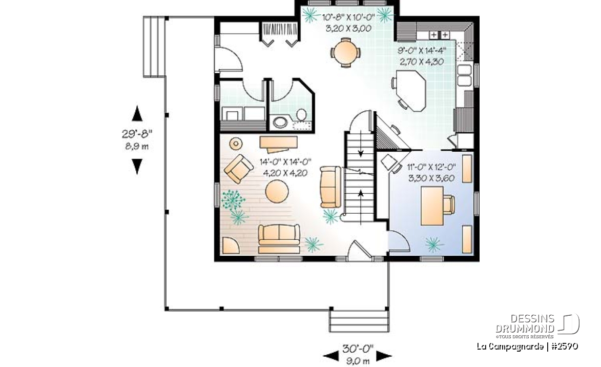 Rez-de-chaussée - Plan de style farmhouse champêtre, 3 à 4 chambres ou bureau, galerie couverte, îlot à la cuisine - La Campagnarde