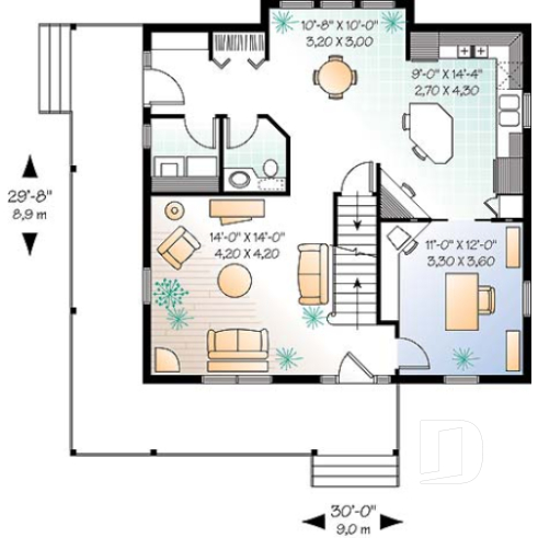 Rez-de-chaussée - Plan de style farmhouse champêtre, 3 à 4 chambres ou bureau, galerie couverte, îlot à la cuisine - La Campagnarde