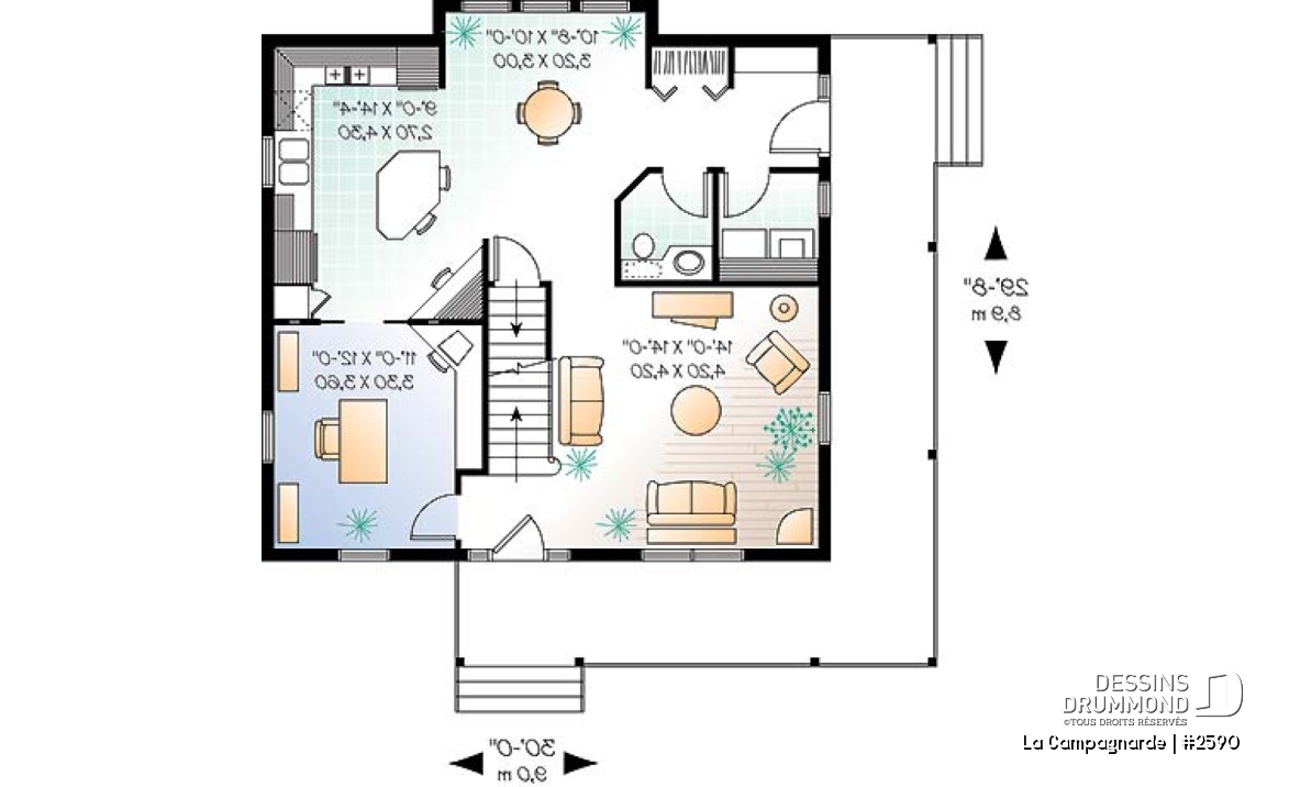 Rez-de-chaussée - Plan de style farmhouse champêtre, 3 à 4 chambres ou bureau, galerie couverte, îlot à la cuisine - La Campagnarde