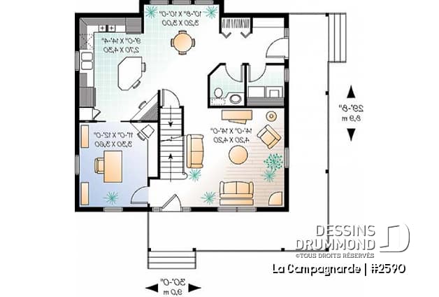 Rez-de-chaussée - Plan de style farmhouse champêtre, 3 à 4 chambres ou bureau, galerie couverte, îlot à la cuisine - La Campagnarde