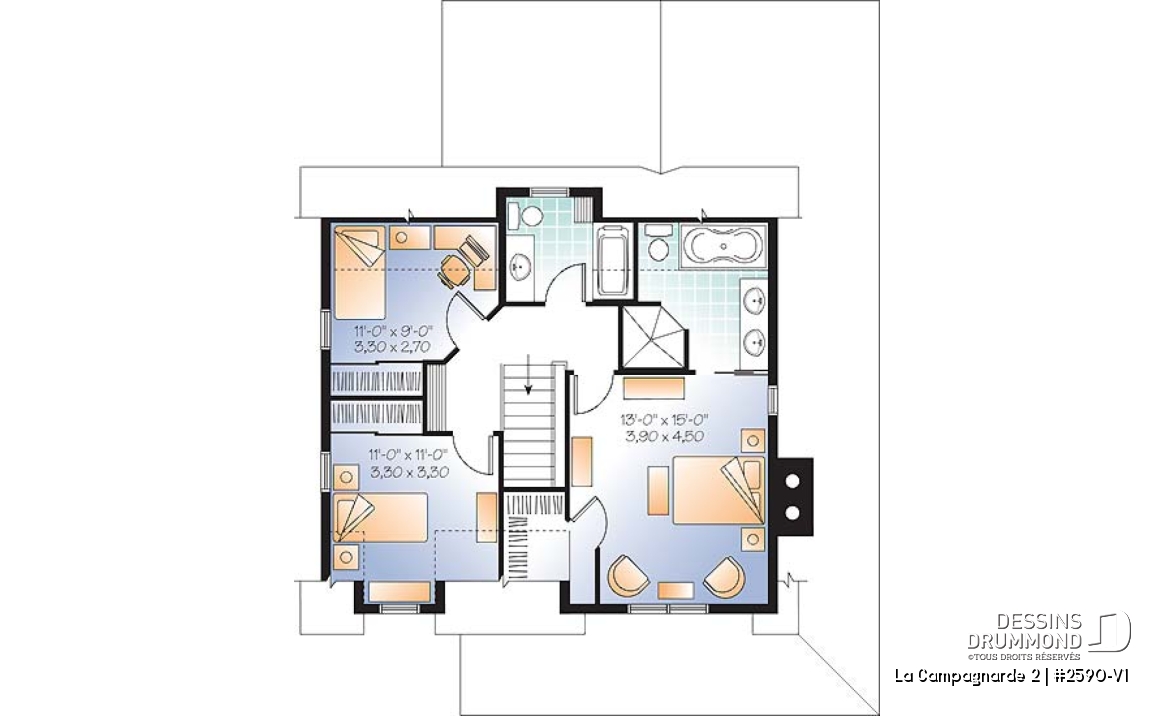Étage - Superbe plan de maison style farmhouse champêtre, 3 chambres, bureau à domicile (ou salle de jeux) - La Campagnarde 2