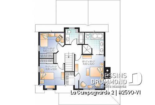 Étage - Superbe plan de maison style farmhouse champêtre, 3 chambres, bureau à domicile (ou salle de jeux) - La Campagnarde 2