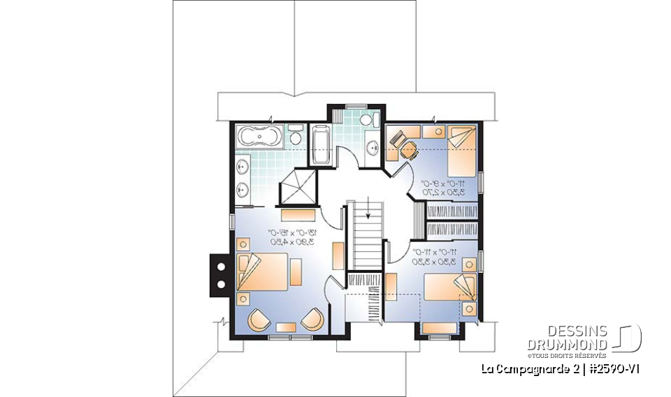 Étage - Superbe plan de maison style farmhouse champêtre, 3 chambres, bureau à domicile (ou salle de jeux) - La Campagnarde 2