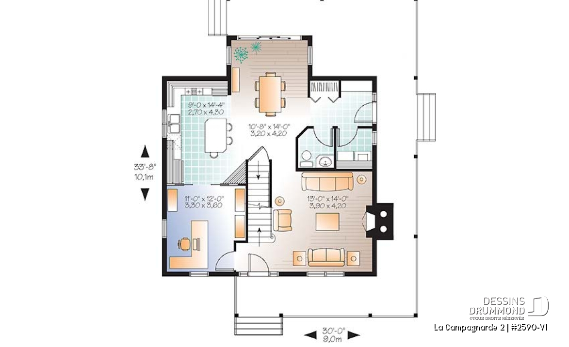 Rez-de-chaussée - Superbe plan de maison style farmhouse champêtre, 3 chambres, bureau à domicile (ou salle de jeux) - La Campagnarde 2