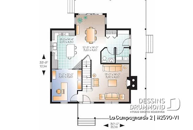 Rez-de-chaussée - Superbe plan de maison style farmhouse champêtre, 3 chambres, bureau à domicile (ou salle de jeux) - La Campagnarde 2