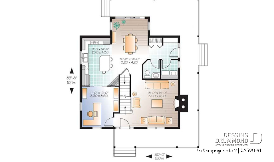 Rez-de-chaussée - Superbe plan de maison style farmhouse champêtre, 3 chambres, bureau à domicile (ou salle de jeux) - La Campagnarde 2