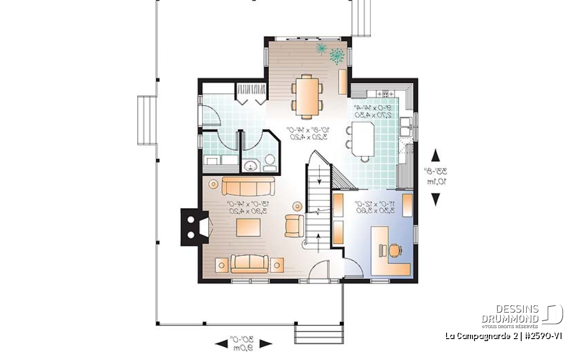 Rez-de-chaussée - Superbe plan de maison style farmhouse champêtre, 3 chambres, bureau à domicile (ou salle de jeux) - La Campagnarde 2