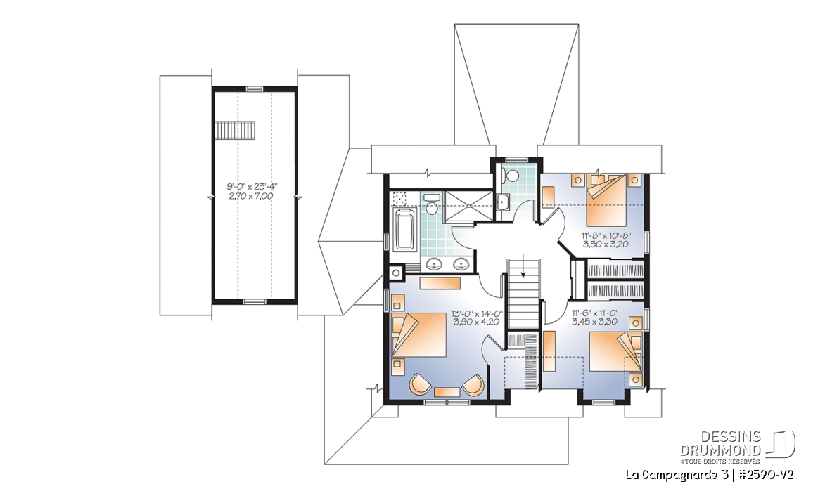 Étage - Plan de maison style campagne, garage avec espace boni, foyer, buanderie au rdc, terrasse abritée - La Campagnarde 3