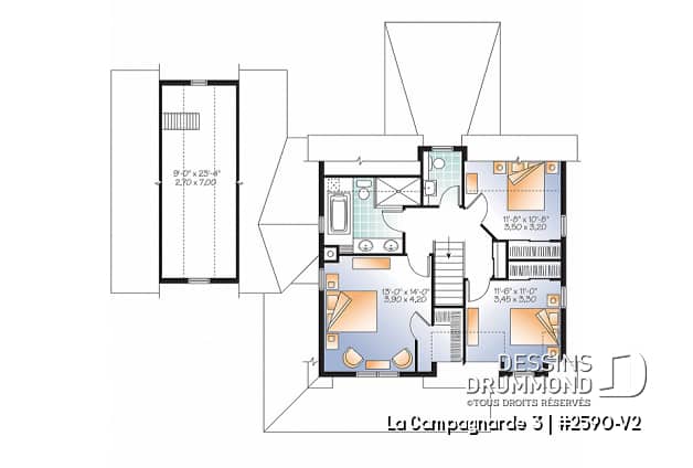 Étage - Plan de maison style campagne, garage avec espace boni, foyer, buanderie au rdc, terrasse abritée - La Campagnarde 3