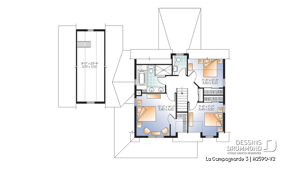 Étage - Plan de maison style campagne, garage avec espace boni, foyer, buanderie au rdc, terrasse abritée - La Campagnarde 3