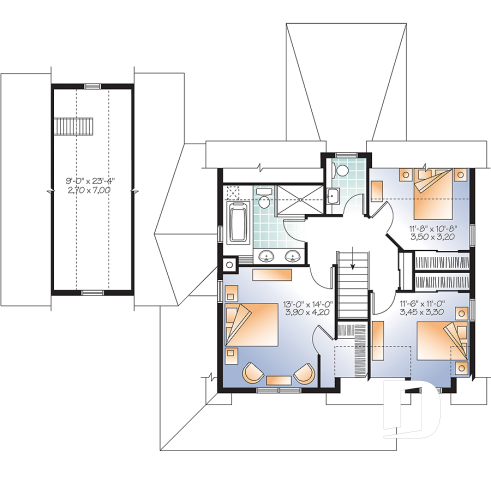 Étage - Plan de maison style campagne, garage avec espace boni, foyer, buanderie au rdc, terrasse abritée - La Campagnarde 3