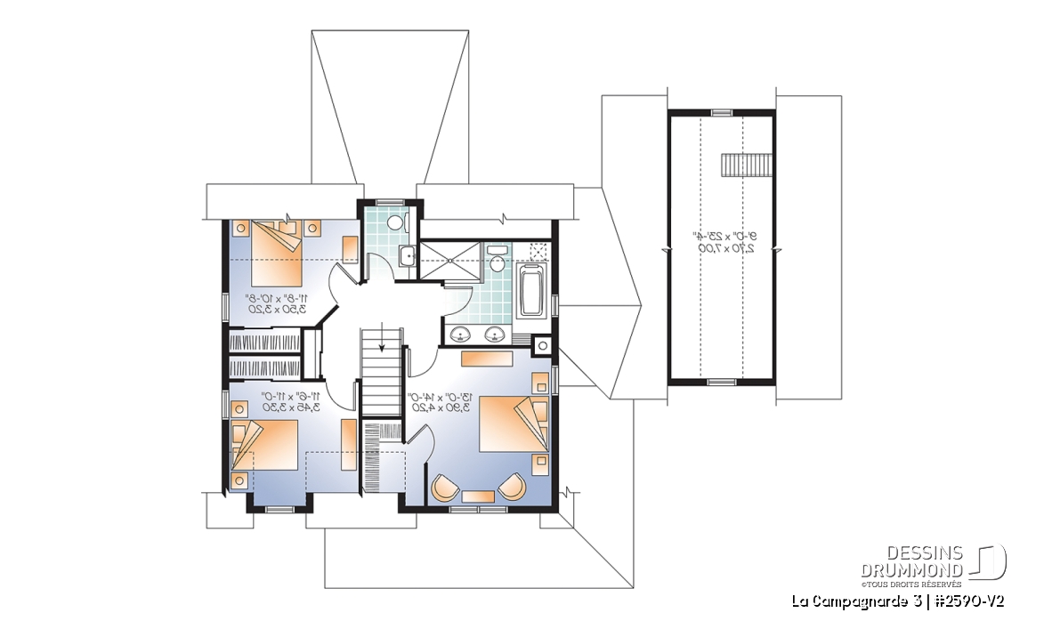 Étage - Plan de maison style campagne, garage avec espace boni, foyer, buanderie au rdc, terrasse abritée - La Campagnarde 3