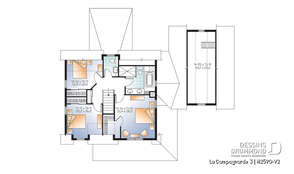 Étage - Plan de maison style campagne, garage avec espace boni, foyer, buanderie au rdc, terrasse abritée - La Campagnarde 3