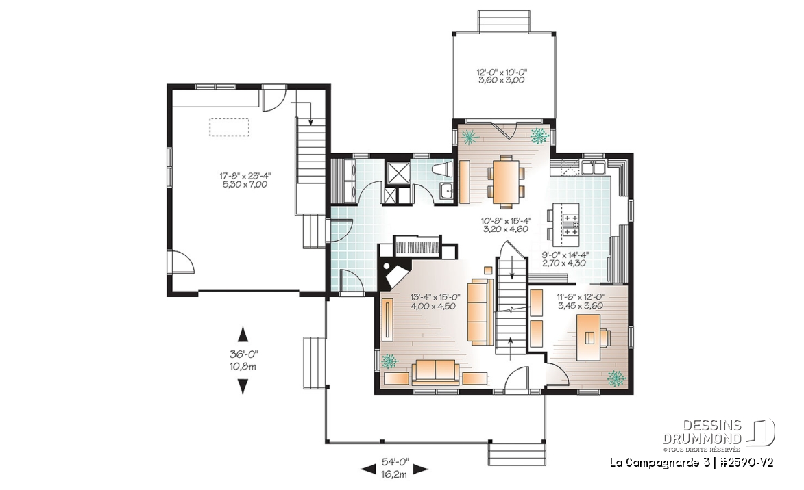 Rez-de-chaussée - Plan de maison style campagne, garage avec espace boni, foyer, buanderie au rdc, terrasse abritée - La Campagnarde 3