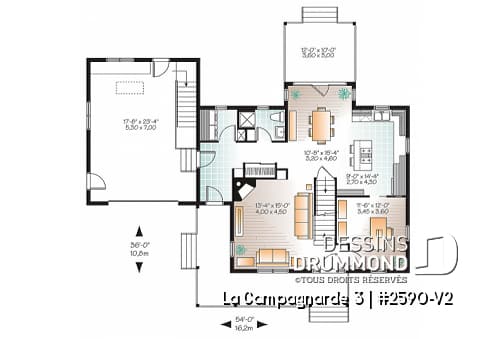 Rez-de-chaussée - Plan de maison style campagne, garage avec espace boni, foyer, buanderie au rdc, terrasse abritée - La Campagnarde 3