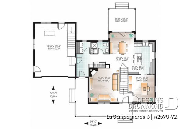 Rez-de-chaussée - Plan de maison style campagne, garage avec espace boni, foyer, buanderie au rdc, terrasse abritée - La Campagnarde 3